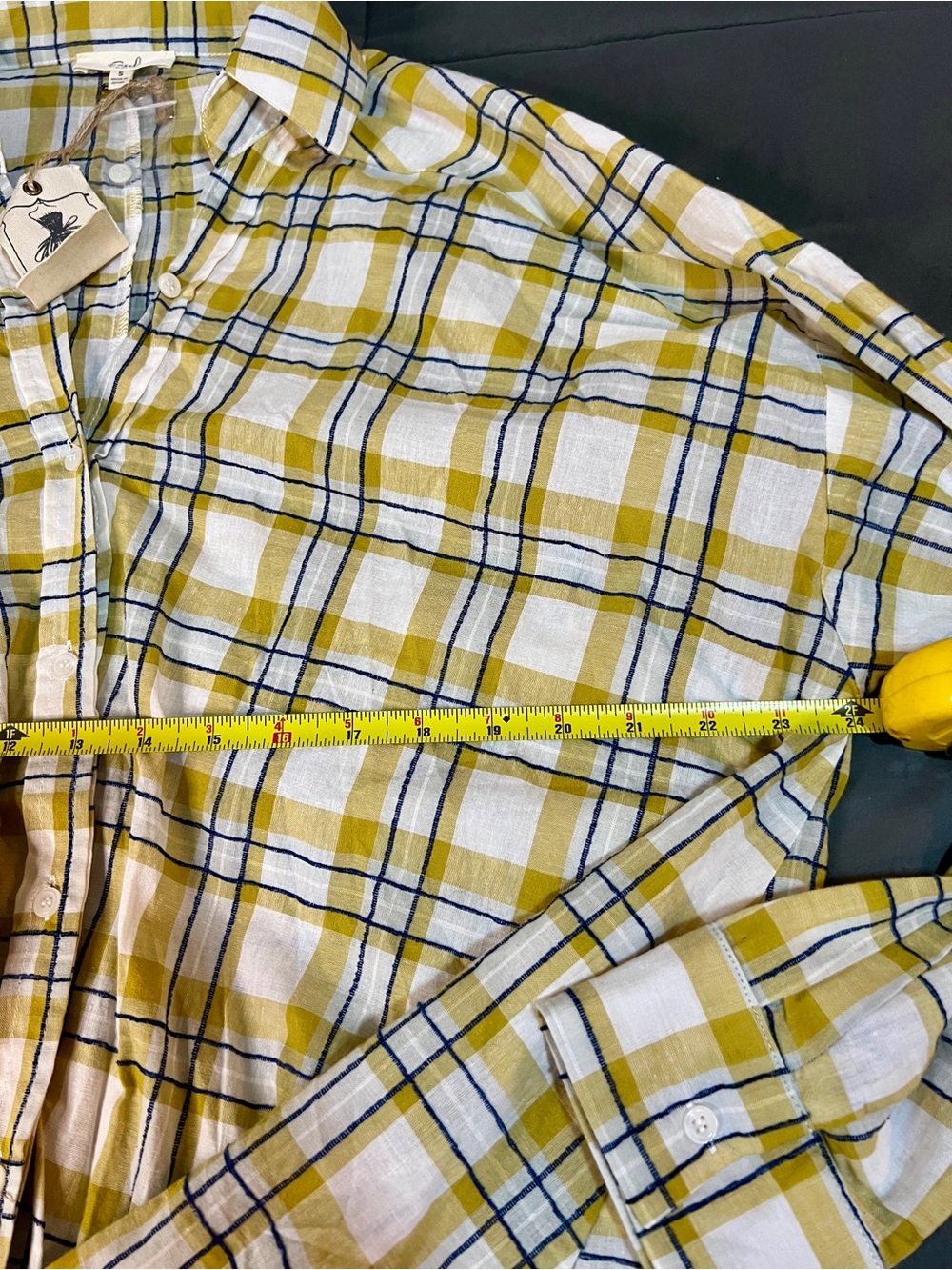 New Easel Wms Yellow Navy Stitched Knit Cotton Textured Twist Hem Plaid Shirt S - Picture 7 of 10